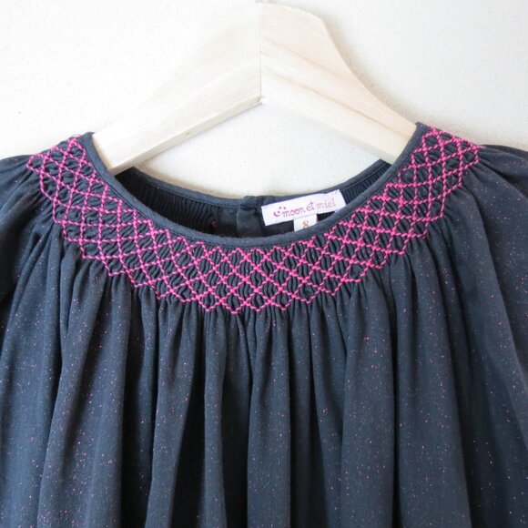 MOON ET MIEL Girl's Black Pink Glitter Smocked Short Sleeve Iris Dress Size 8 - Picture 3 of 11